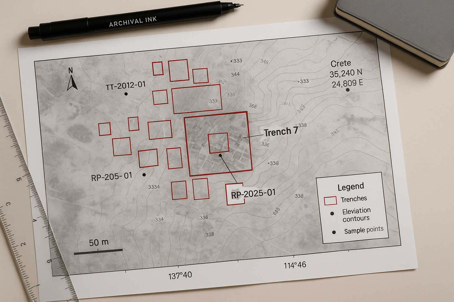 Layered GIS map with trench grid